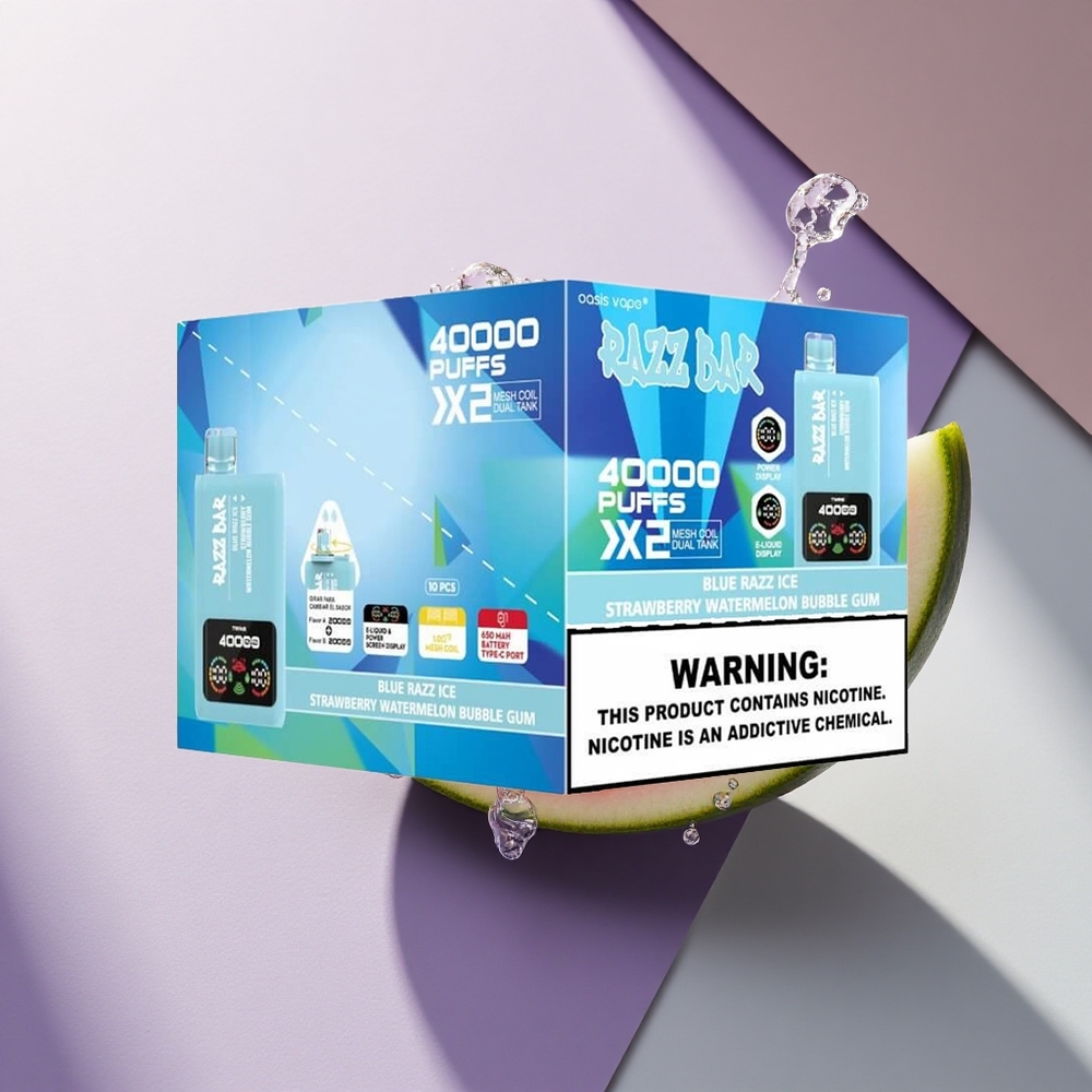 Razz Bar 40000 Puffs Mėlynų Aviečių Ledų - Braškių Arbūzų Guma su Nikotinu (5%) ir Tipo-C įkrovimu (650 mAh)