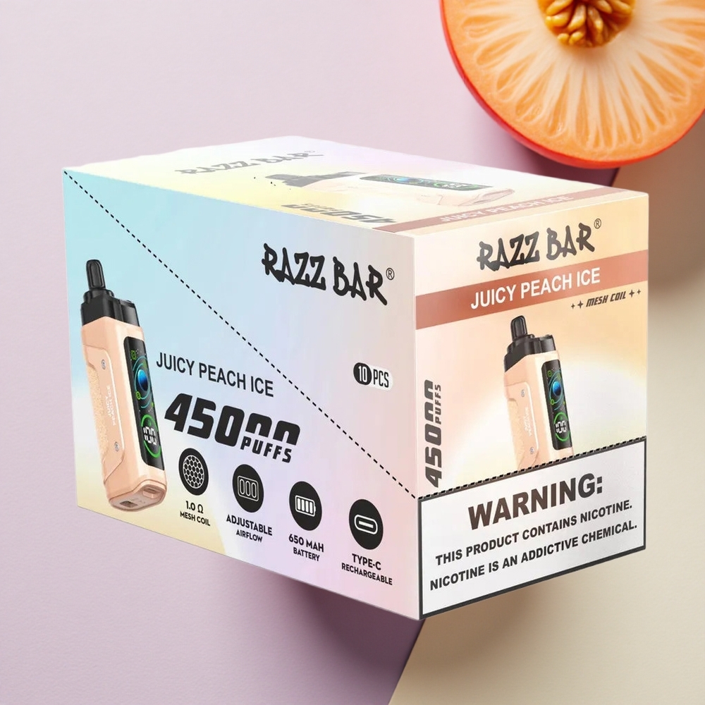 Razz Bar 45000 Puffs Sultingu Persikas su Ledu (650 mAh, 1.0 Ohm Tinklelinė Apvija, Nikotino Stiprumas 20 mg/ml)