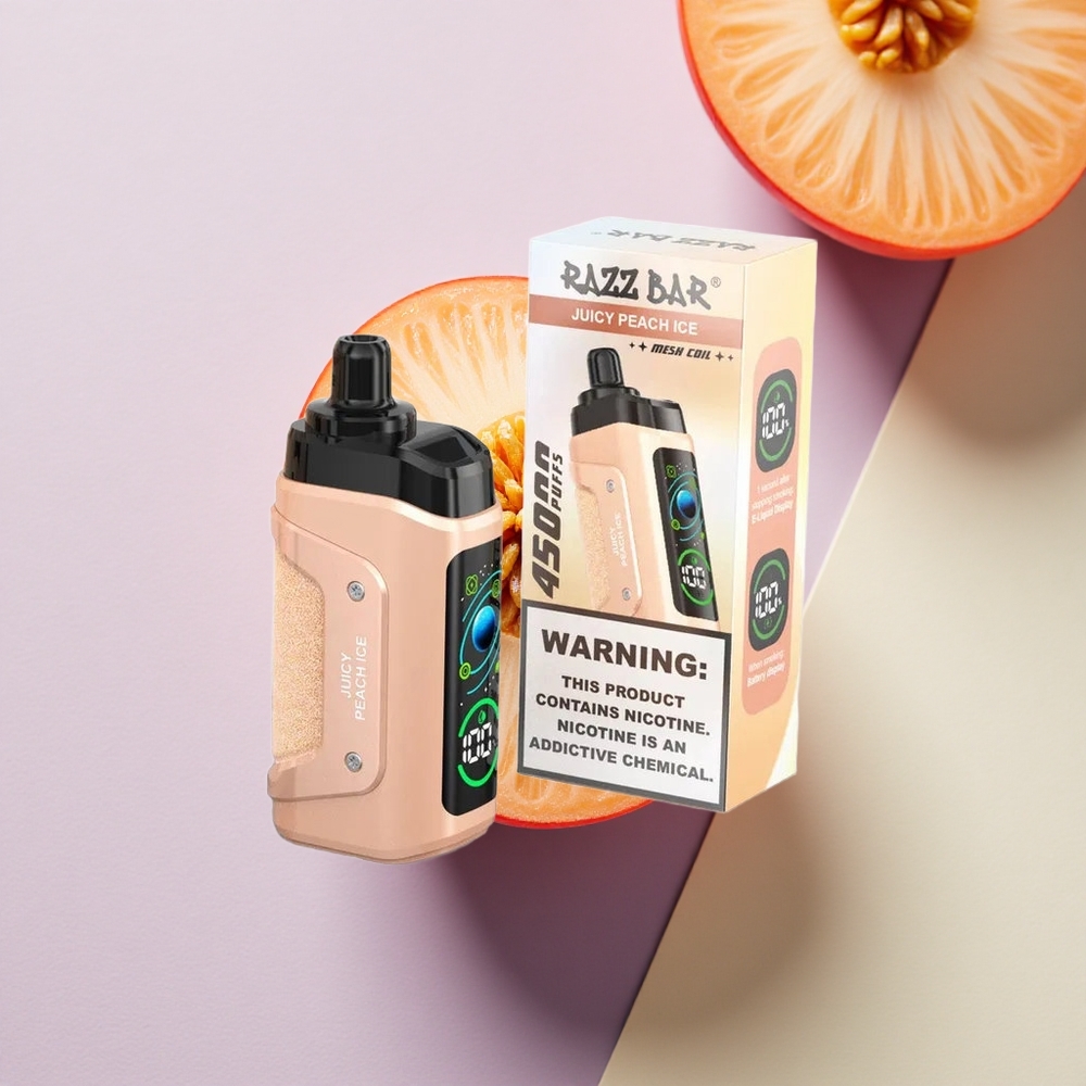 Razz Bar 45000 Puffs Sultingu Persikas su Ledu (650 mAh, 1.0 Ohm Tinklelinė Apvija, Nikotino Stiprumas 20 mg/ml)