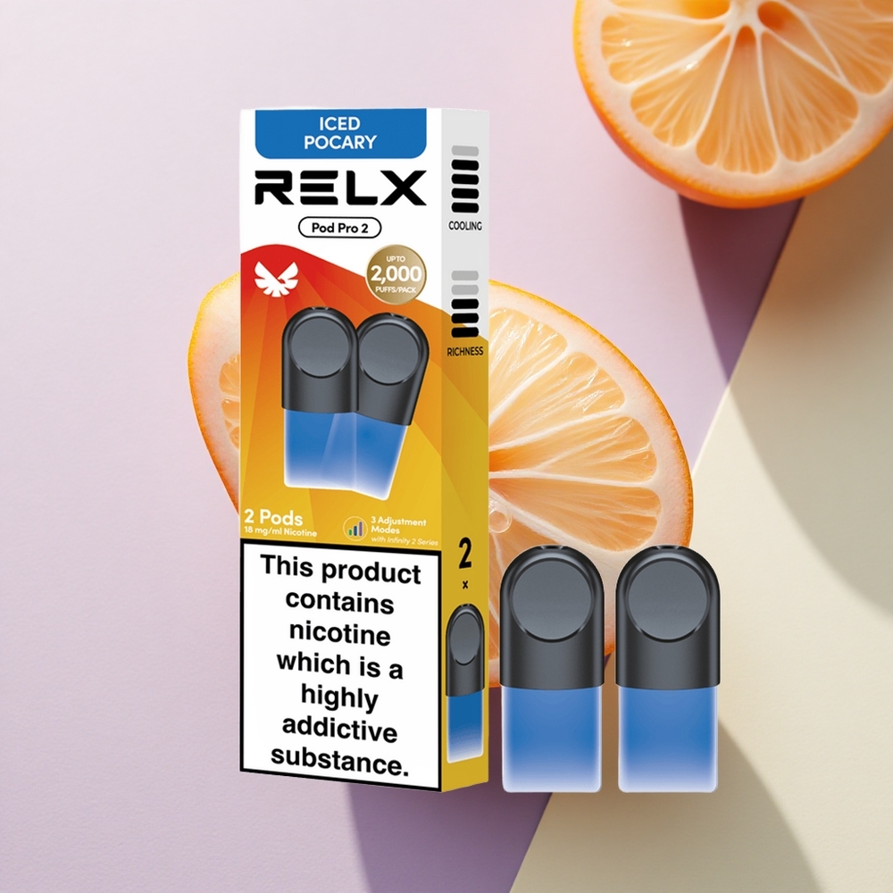 Relx Pod Pro 2 Vape Device Gėrimas-Ledinis Pocary 18mg/ml, 1,9ml talpos, 3 įpakavimo variantai